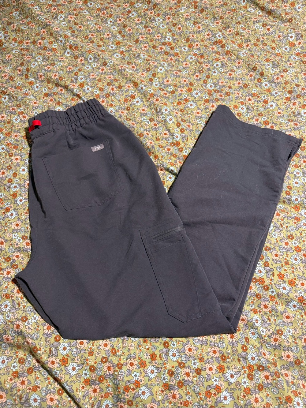 Figs Women's Straight Leg Cargo Pants in Black with Red Tab